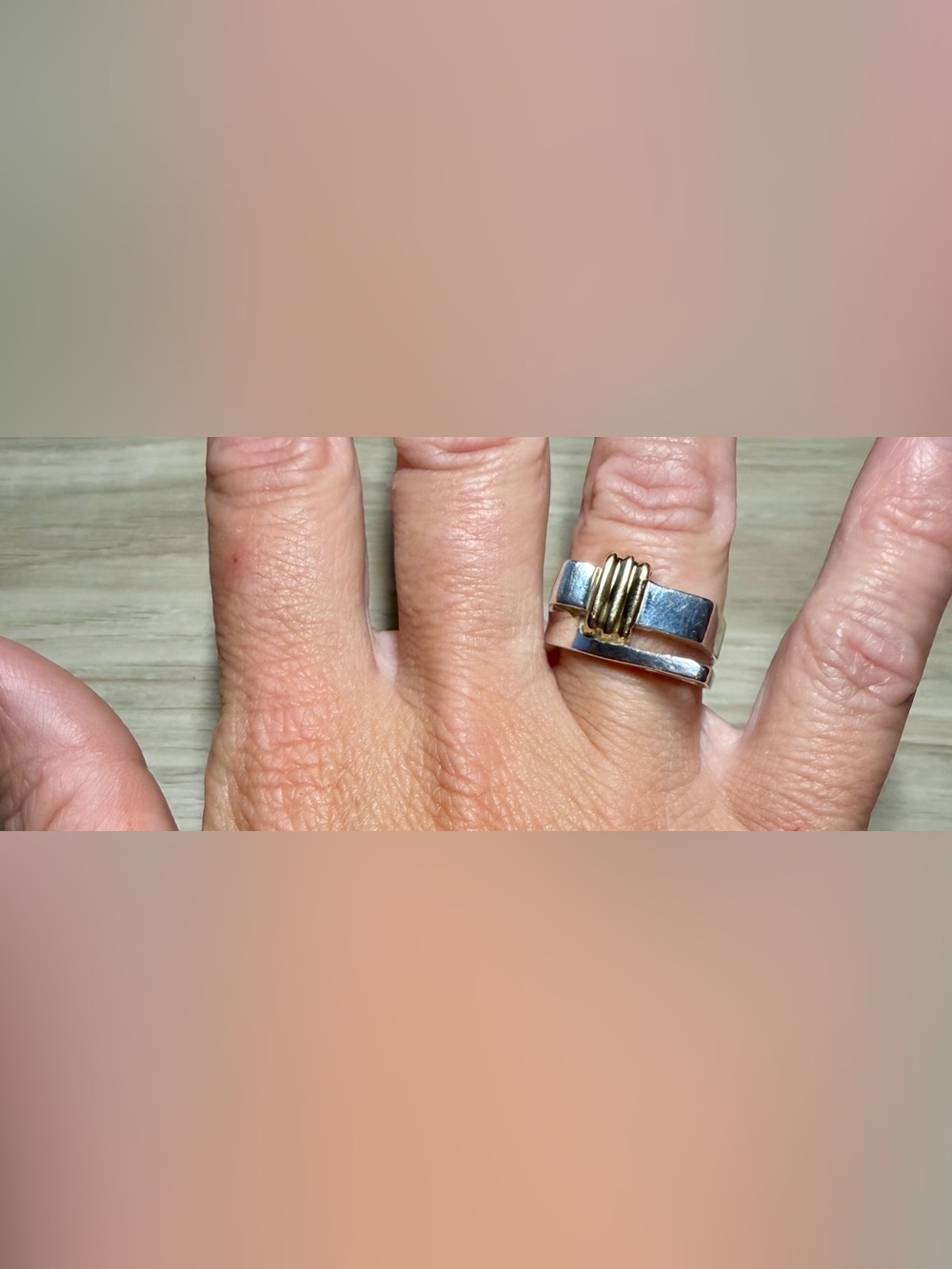 Vintage Designer Signed 950 Silver & 18K Gold Modernist Ring, Size 7.5, 7.4g - Picture 9 of 11